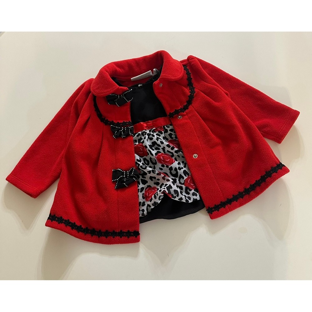 Boutique Bundle Baby Girls Red Fleece Coat & Black Floral Dress‎ Outfit 12M